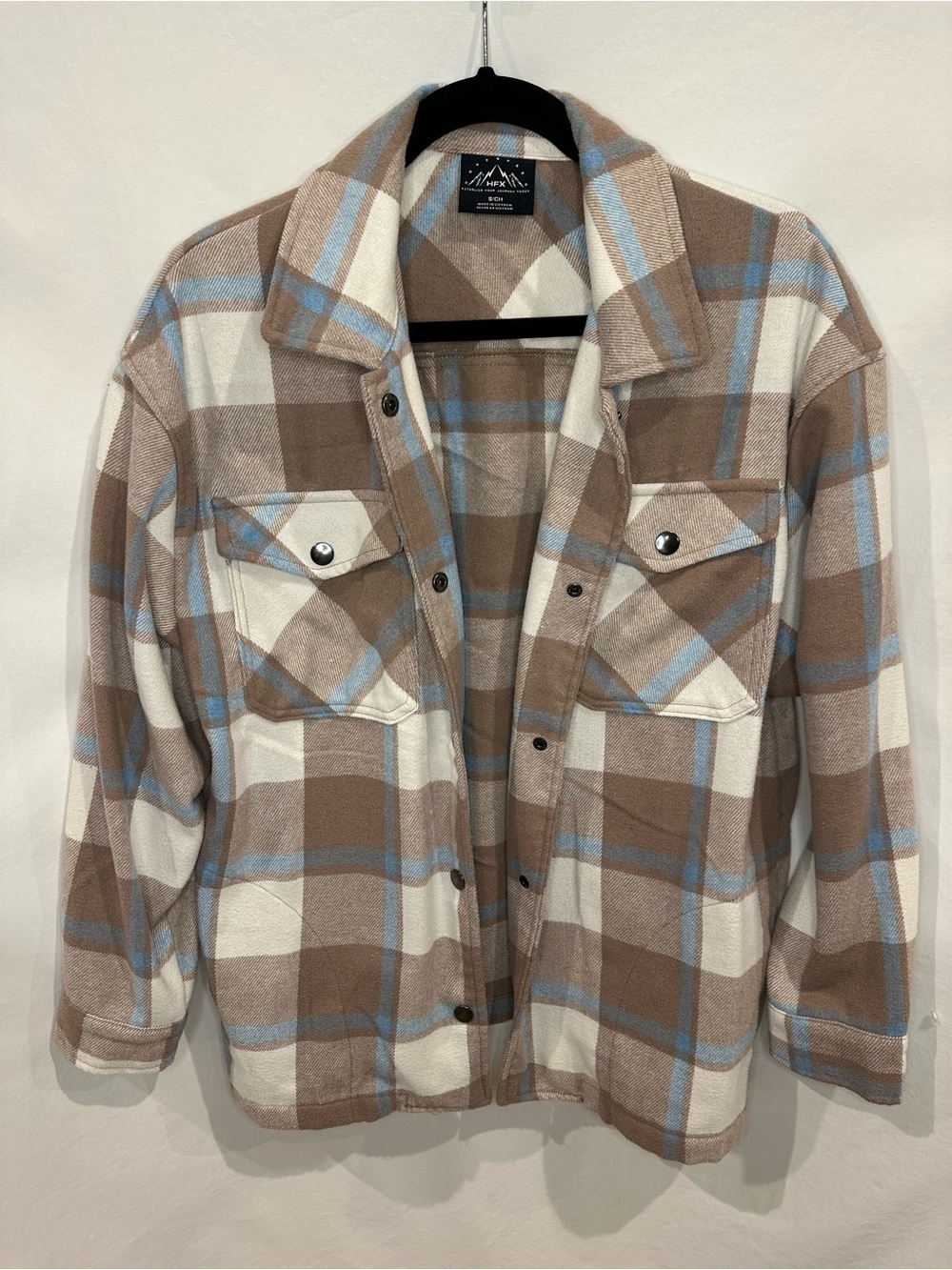 Plaid Lightweight Shacket in Beige, Cream & Light Blue